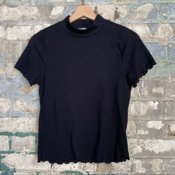 Black Ribbed Ruffled Hem MockNeck Short-Sleeve Tee - Picture 1 of 5
